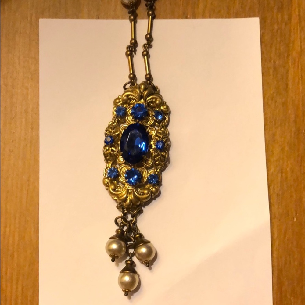 Vintage 36” brass necklace pearls/blue crystals